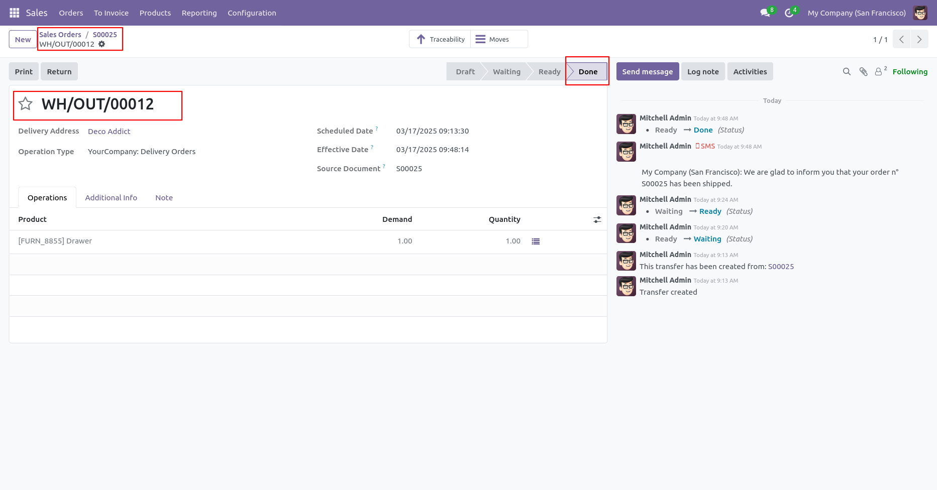 Delivery order moved to Done state after validation