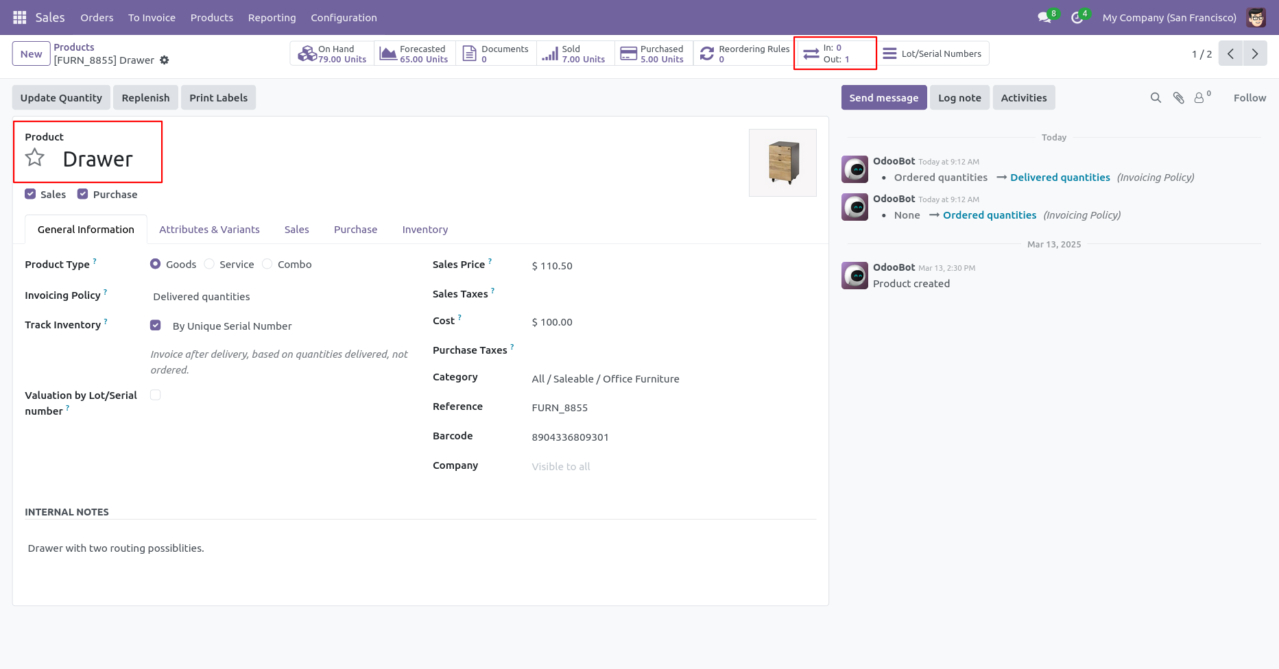 Product tracked by unique serial number showing in and out quantity