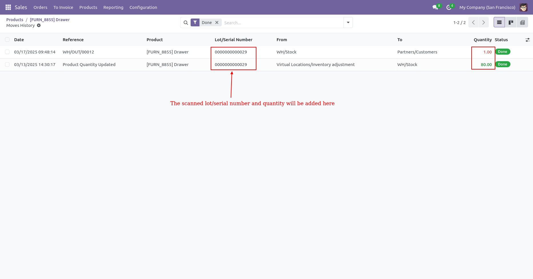 Move history showing serial number and quantity of sold product