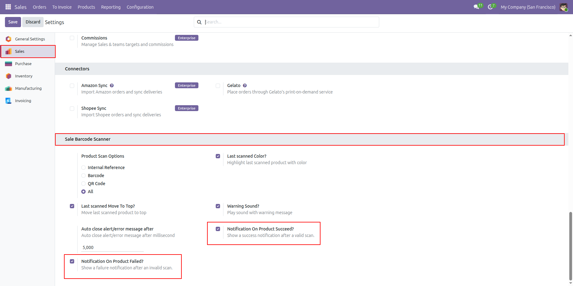 Sale settings to enable success and failure scan notifications