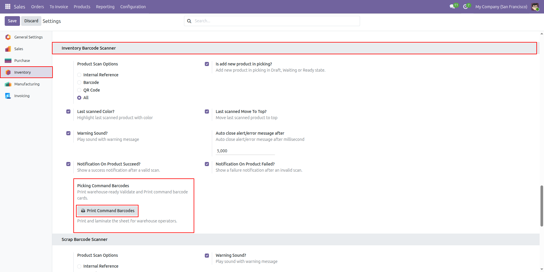 Inventory settings to generate picking & Printing command barcodes