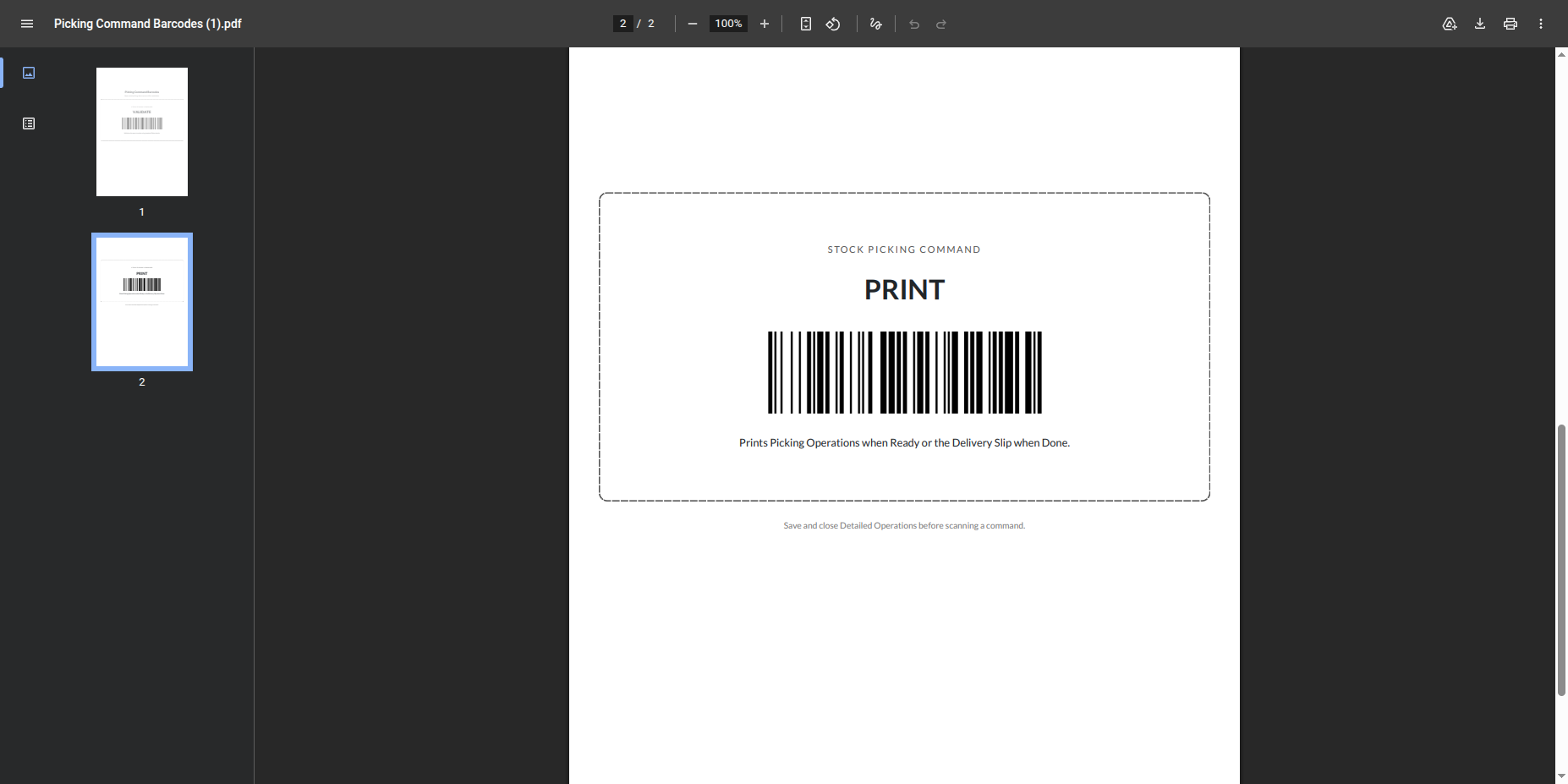 Generated PDF with a picking print barcode card