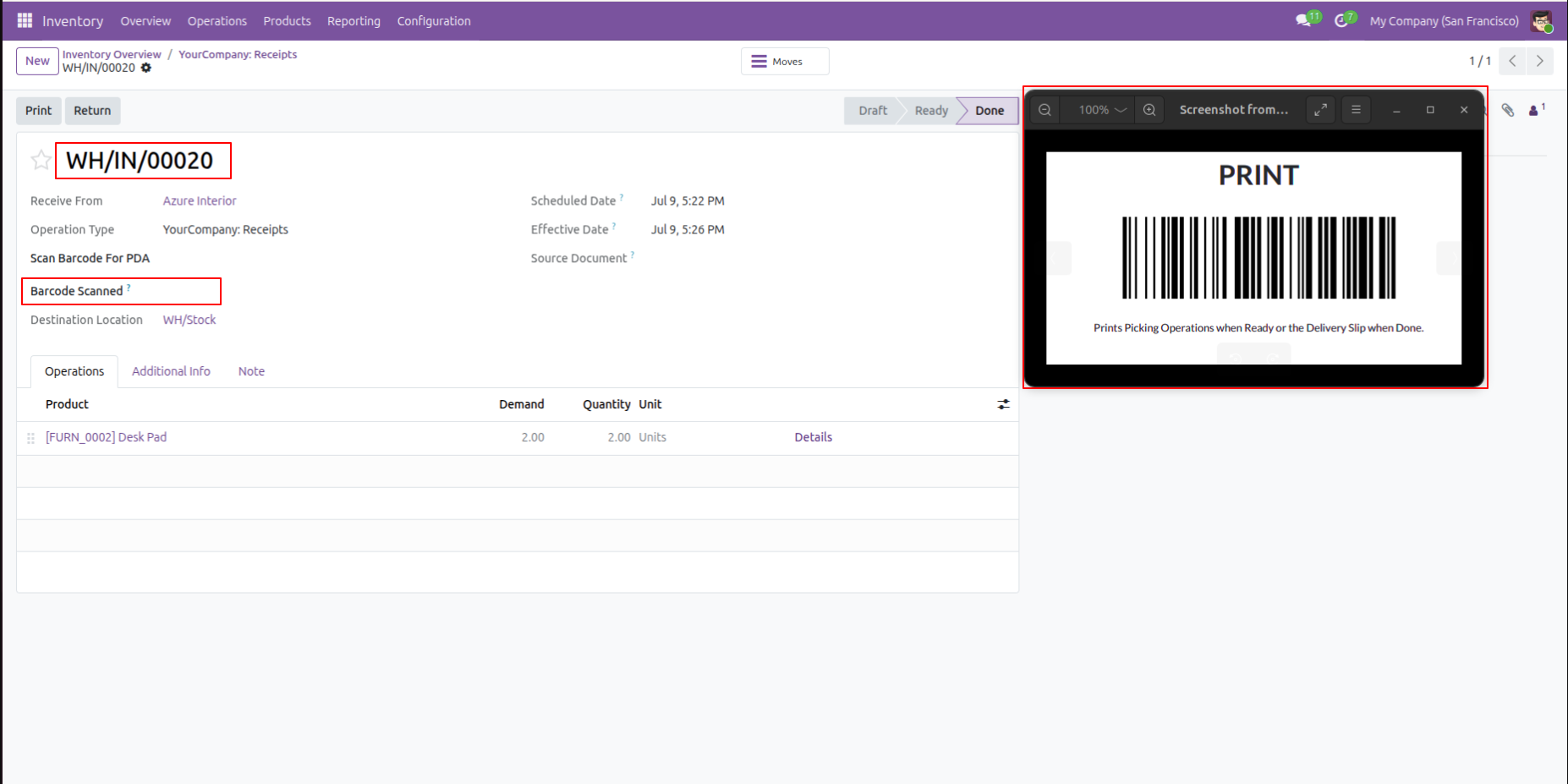 Scanning print barcode generates the picking document