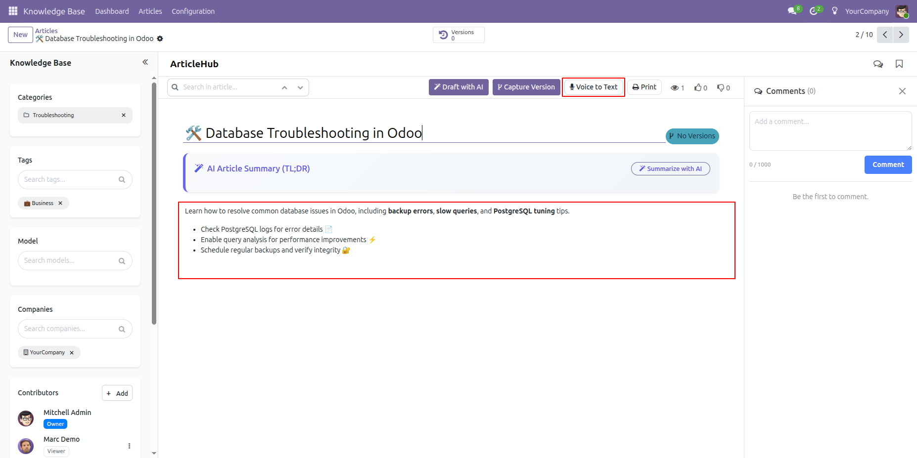 Knowledge Article toolbar with Voice to Text button highlighted