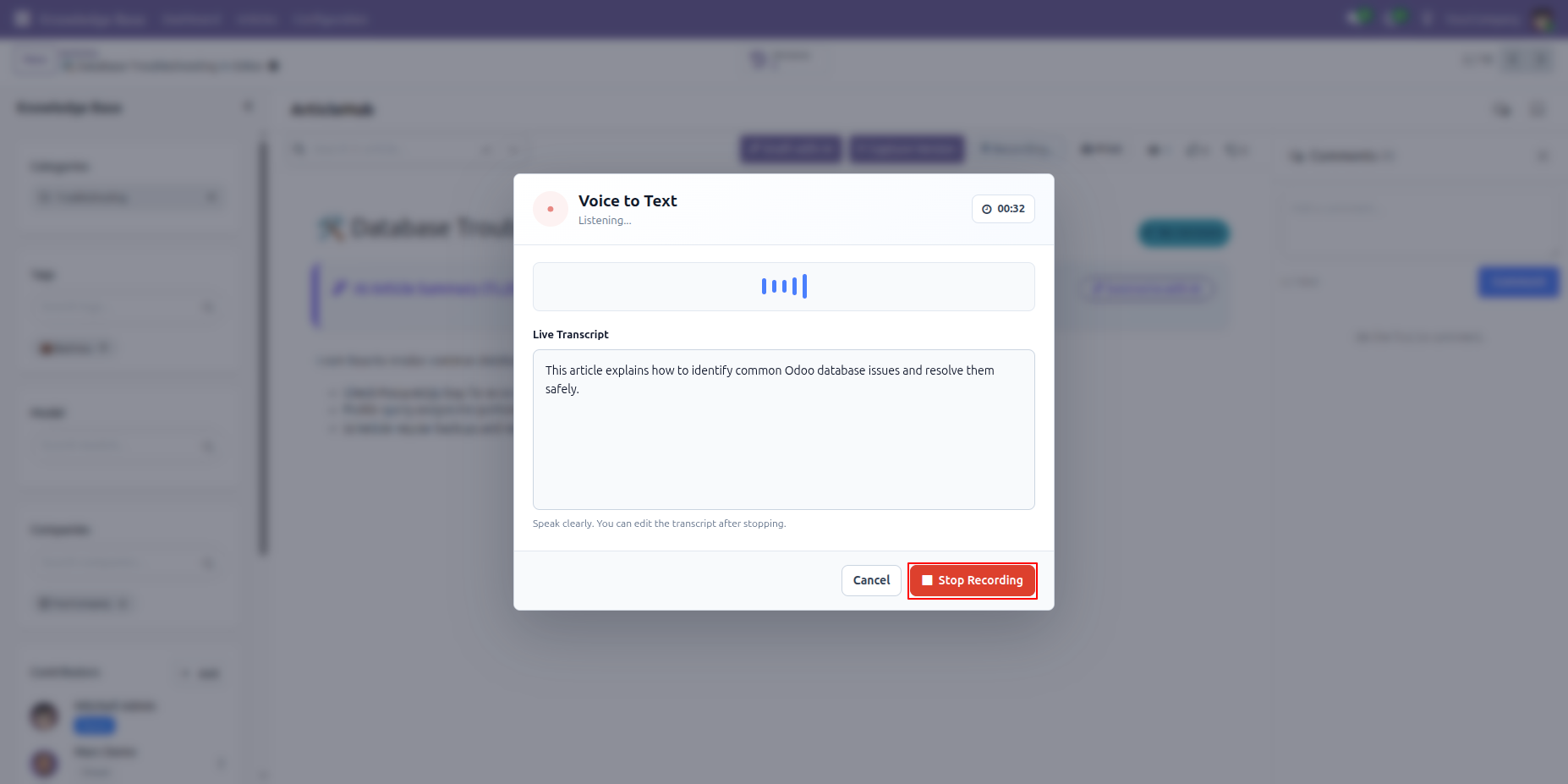 Voice to Text dialog showing live transcript while recording