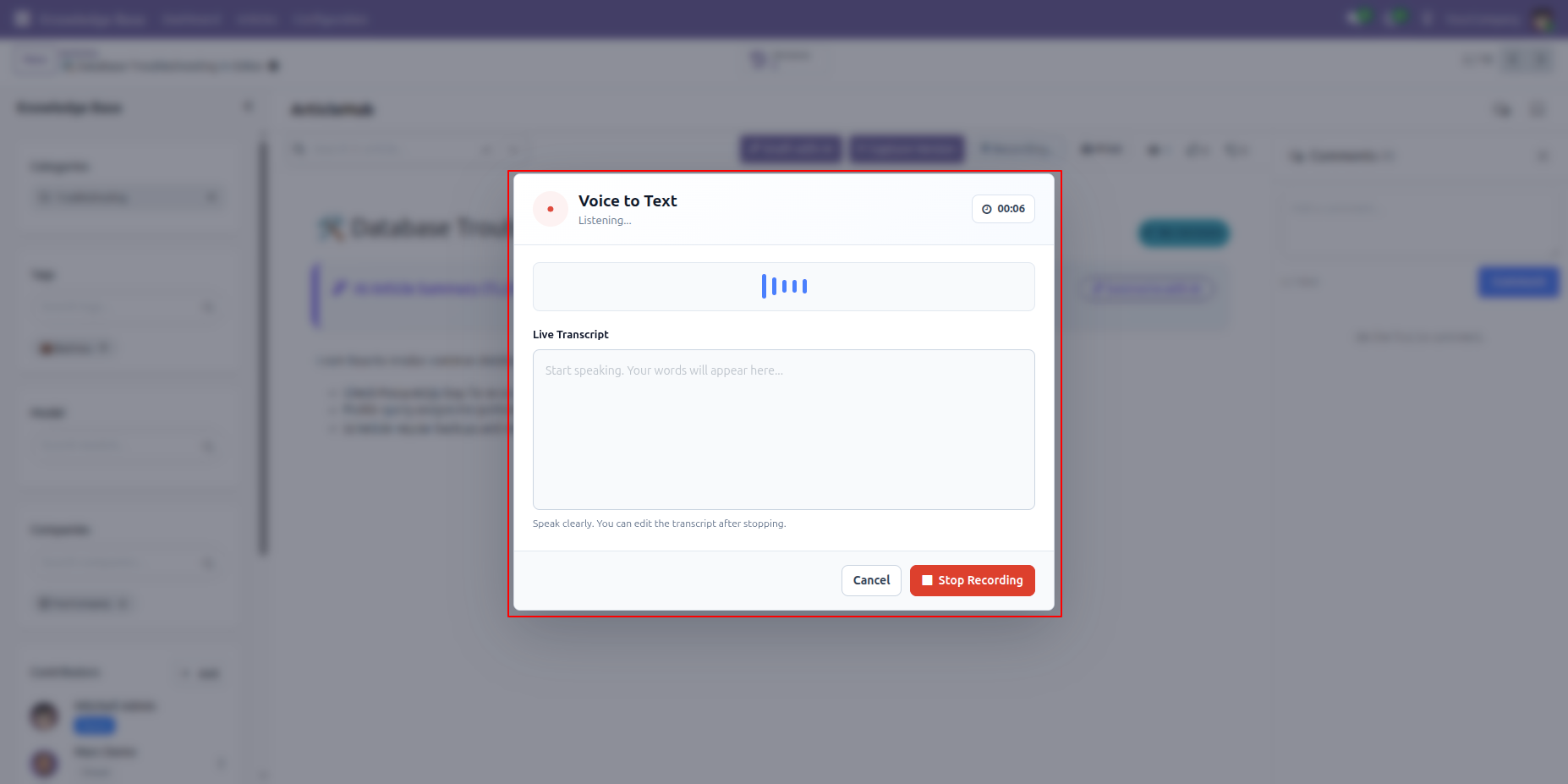 Voice to Text dialog listening with recording timer and empty Live Transcript area