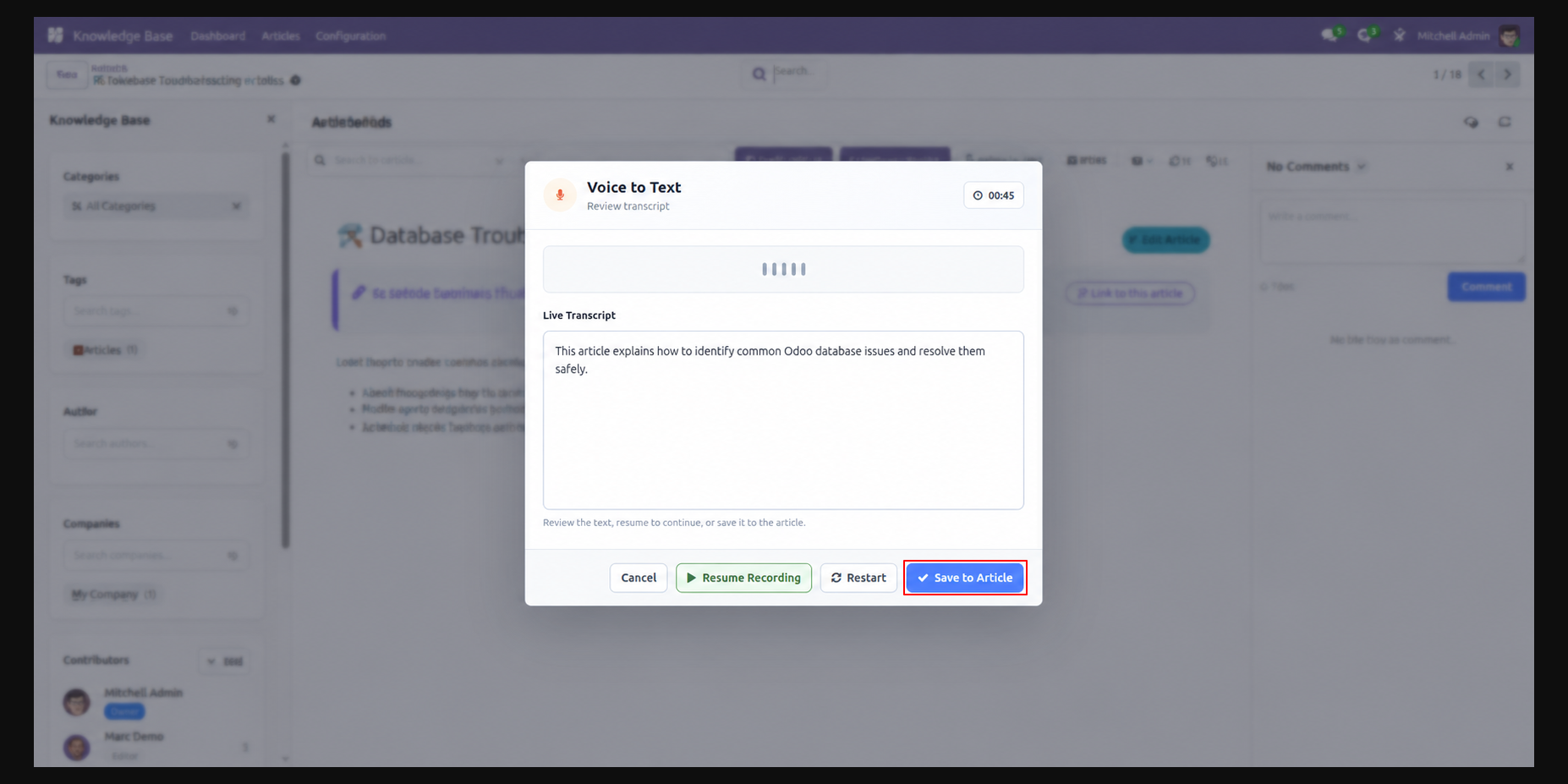 Voice to Text review dialog with transcript and Save to Article option