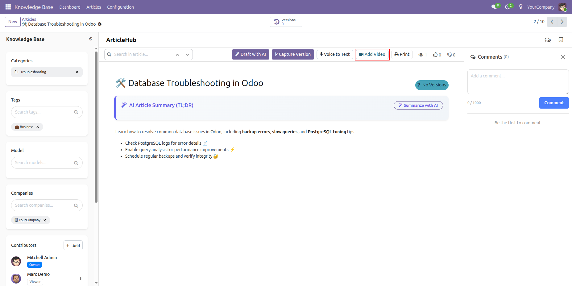 Knowledge Article toolbar with Add Video button highlighted