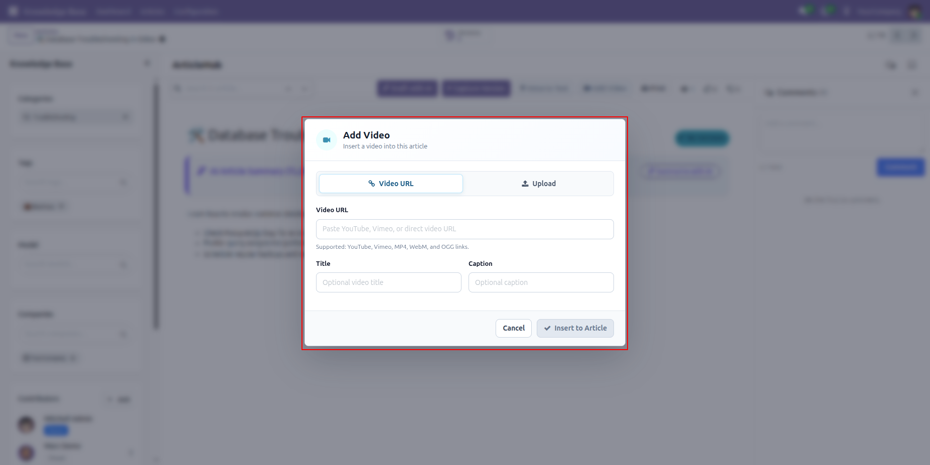 Add Video dialog showing Video URL option and title and caption fields