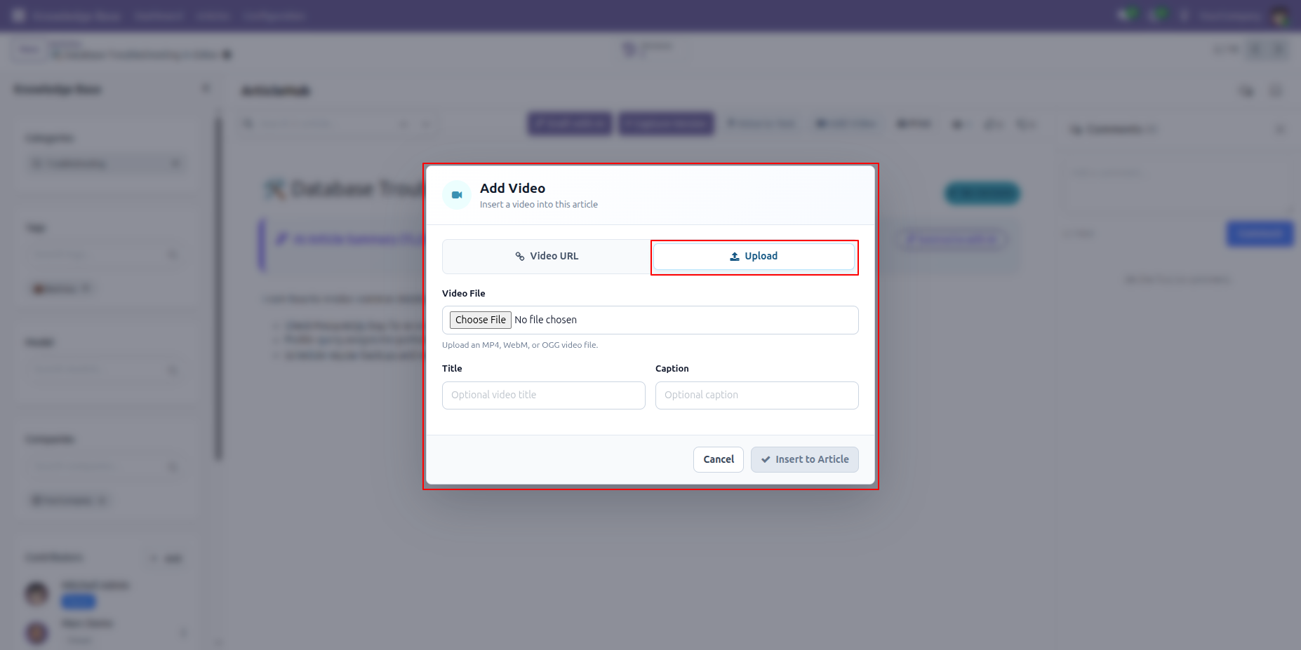 Add Video dialog showing Upload option with video file selection field