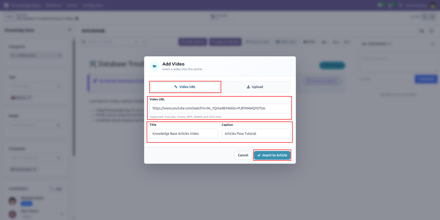 Add Video dialog filled with a YouTube URL, title, caption, and Insert to Article button