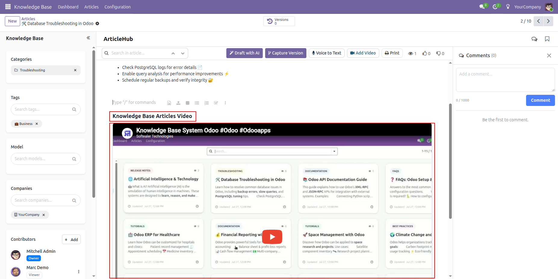 Knowledge Article showing an inserted video with title and embedded player