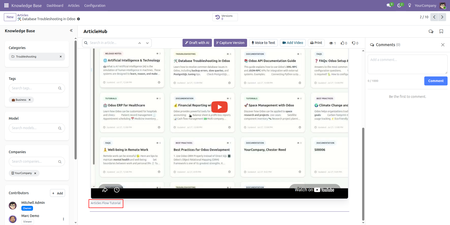 Knowledge Article showing the embedded video player and its Articles Flow Tutorial caption