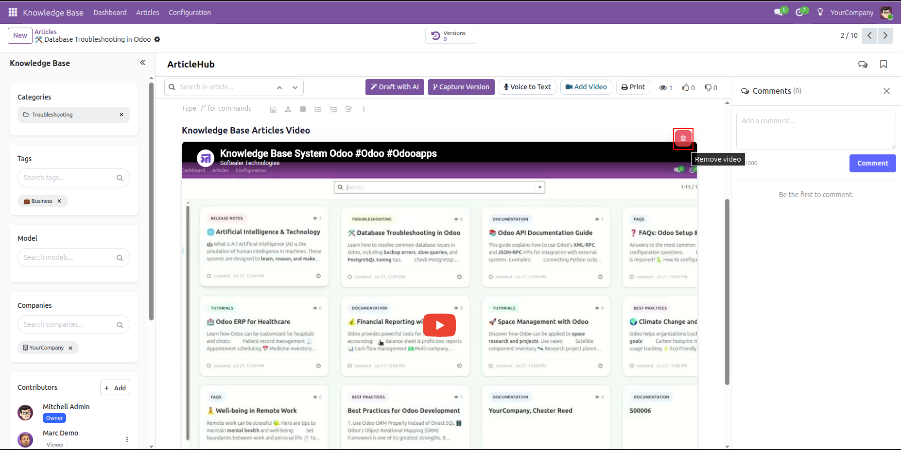 Embedded article video with the Remove video button highlighted