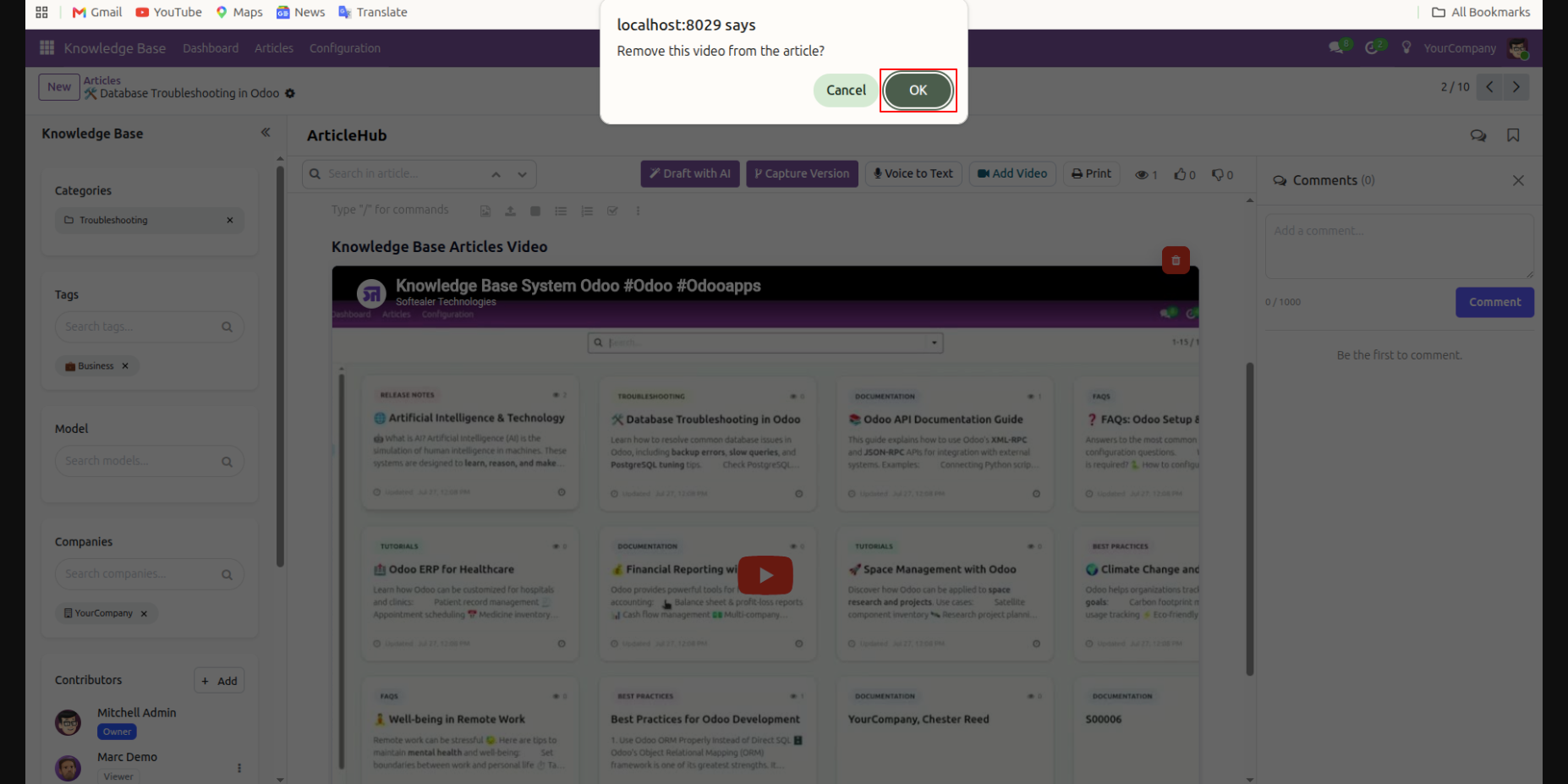 Confirmation dialog asking whether to remove the video from the article