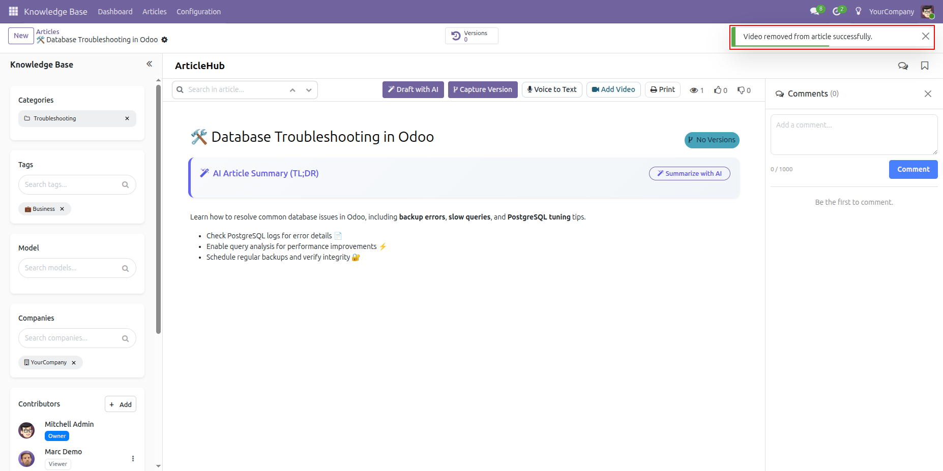Knowledge Article showing successful video removal notification