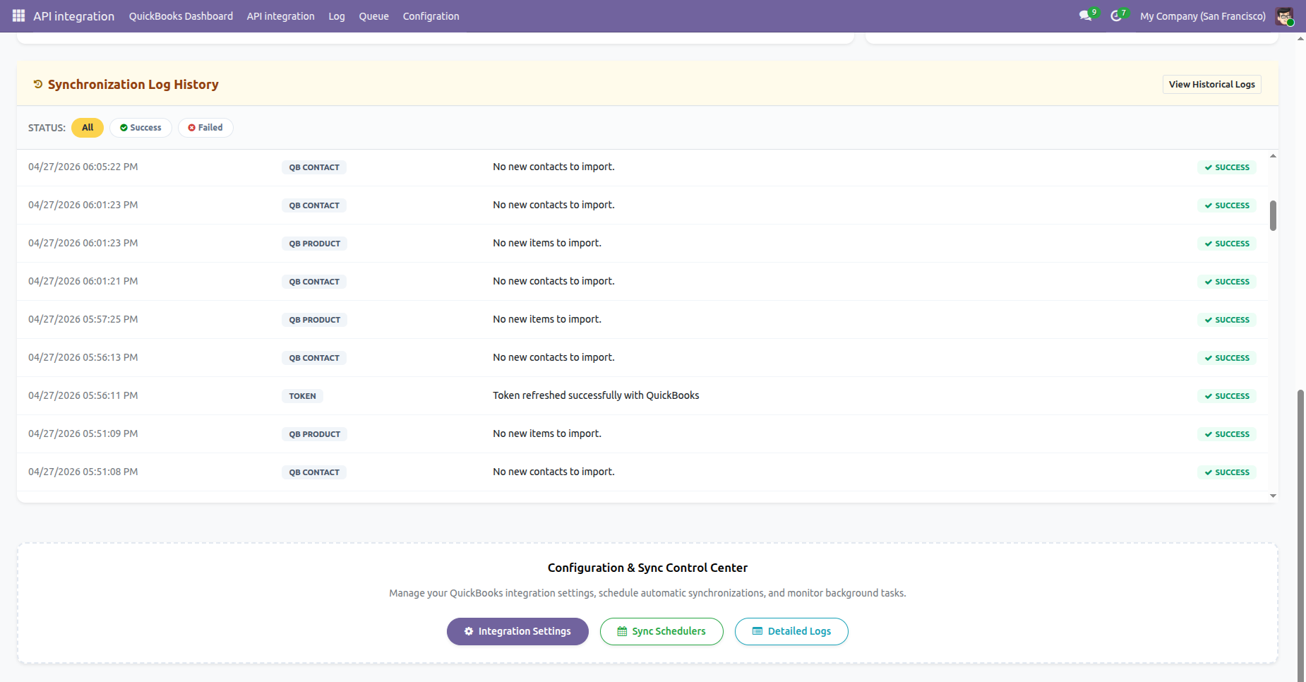 QuickBooks synchronization log with success and failed status filters.