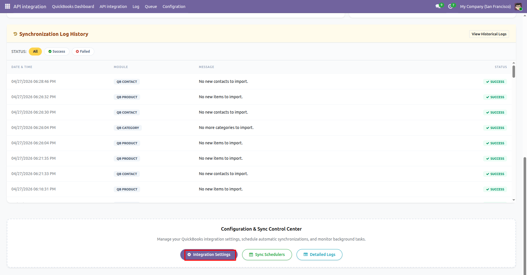QuickBooks dashboard showing the Integration Settings option.