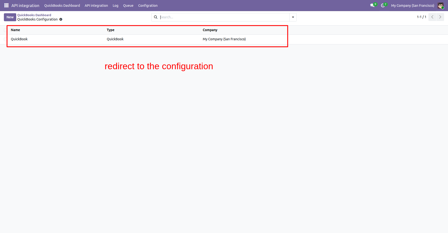 QuickBooks configuration list with company settings.