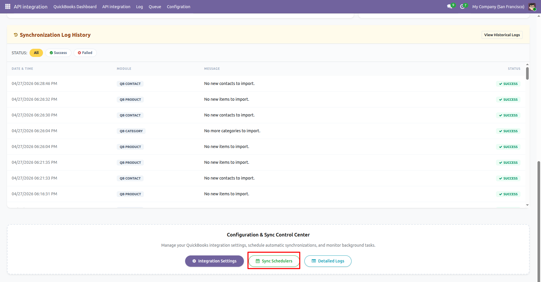 QuickBooks dashboard showing the Sync Schedulers option.