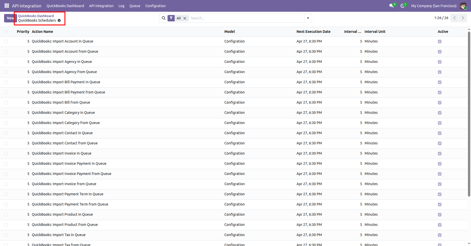 QuickBooks scheduler list showing scheduled sync tasks.