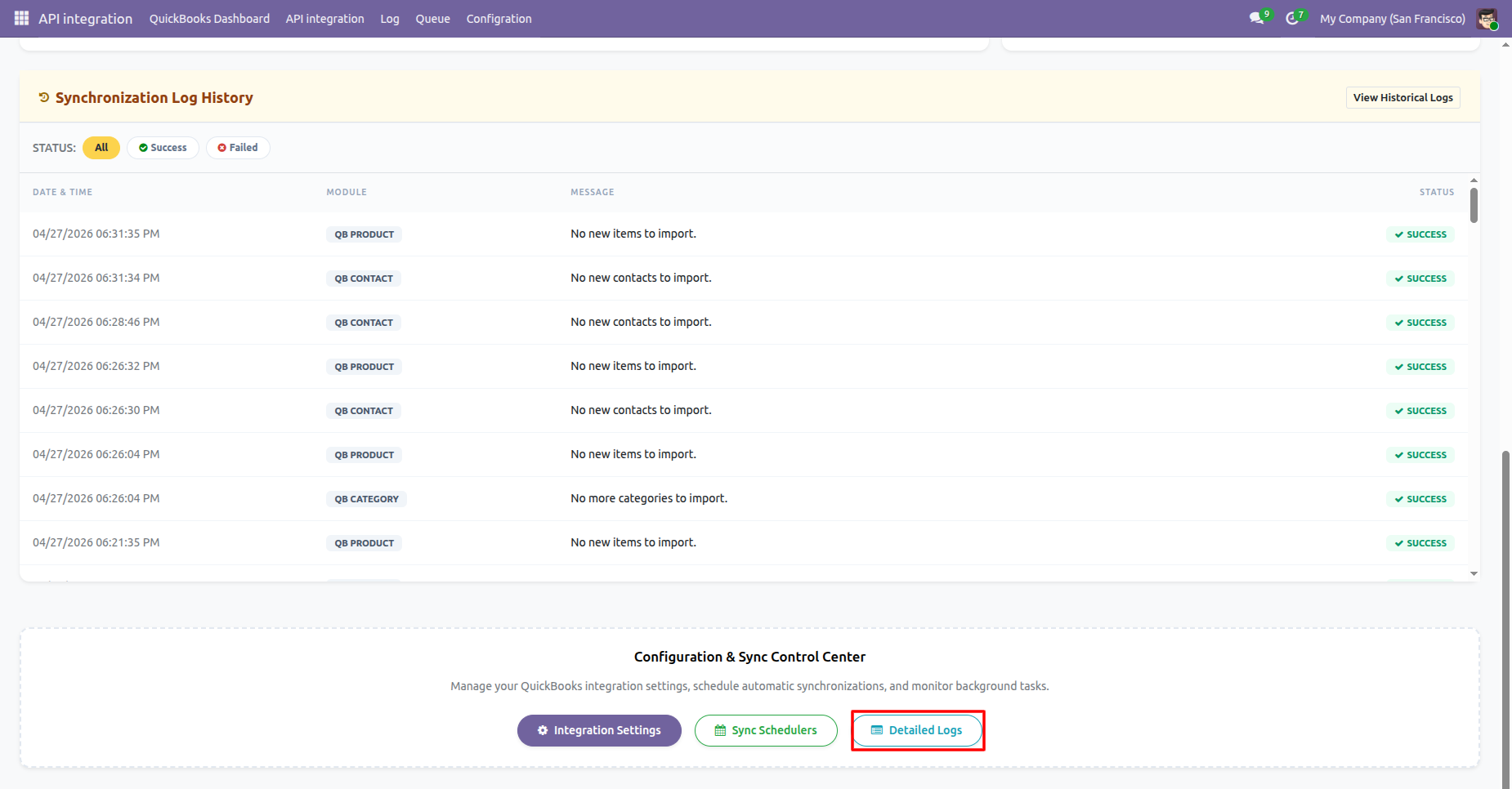 QuickBooks dashboard showing detailed synchronization logs.