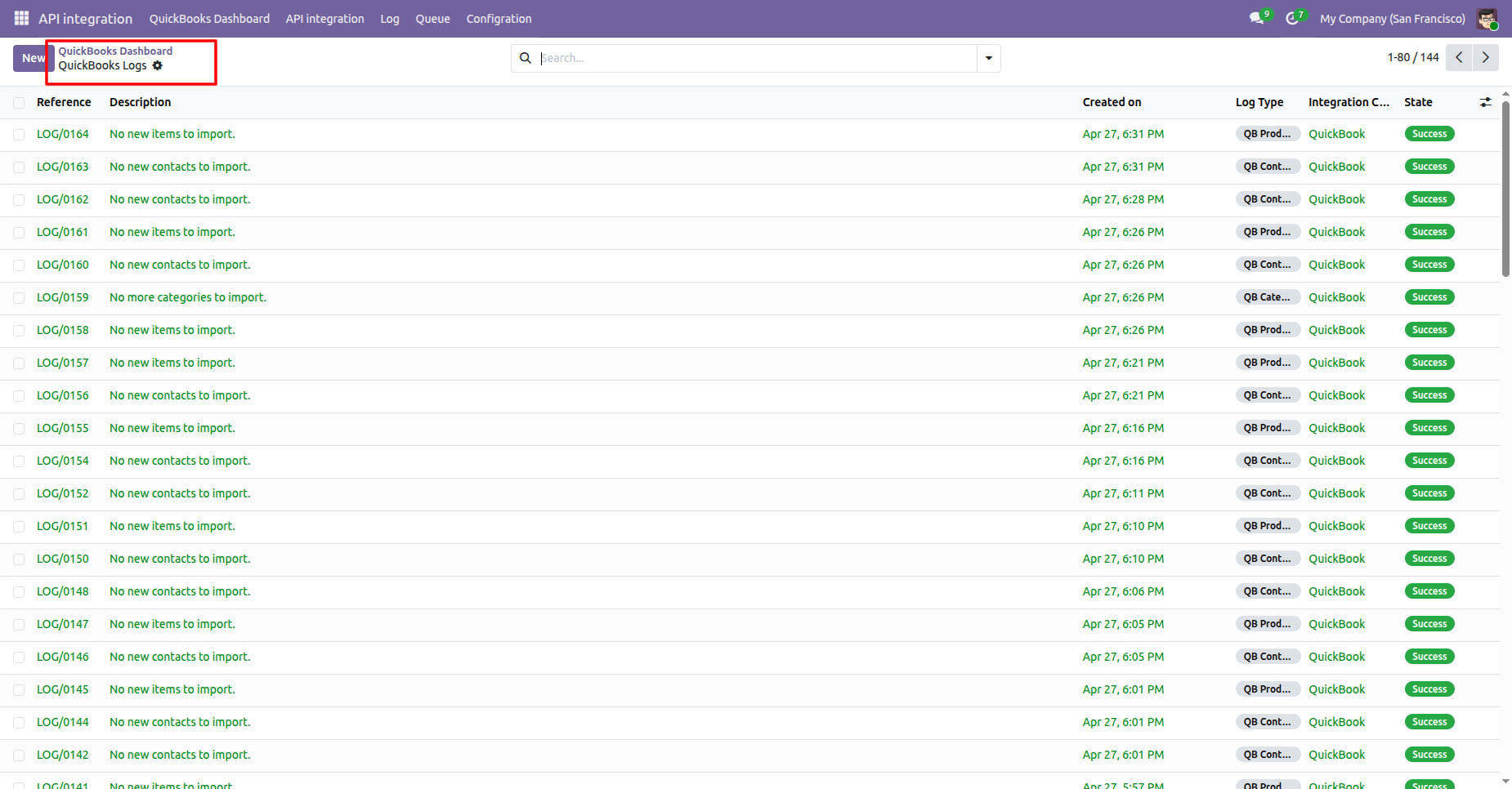 QuickBooks logs list showing sync activity records.