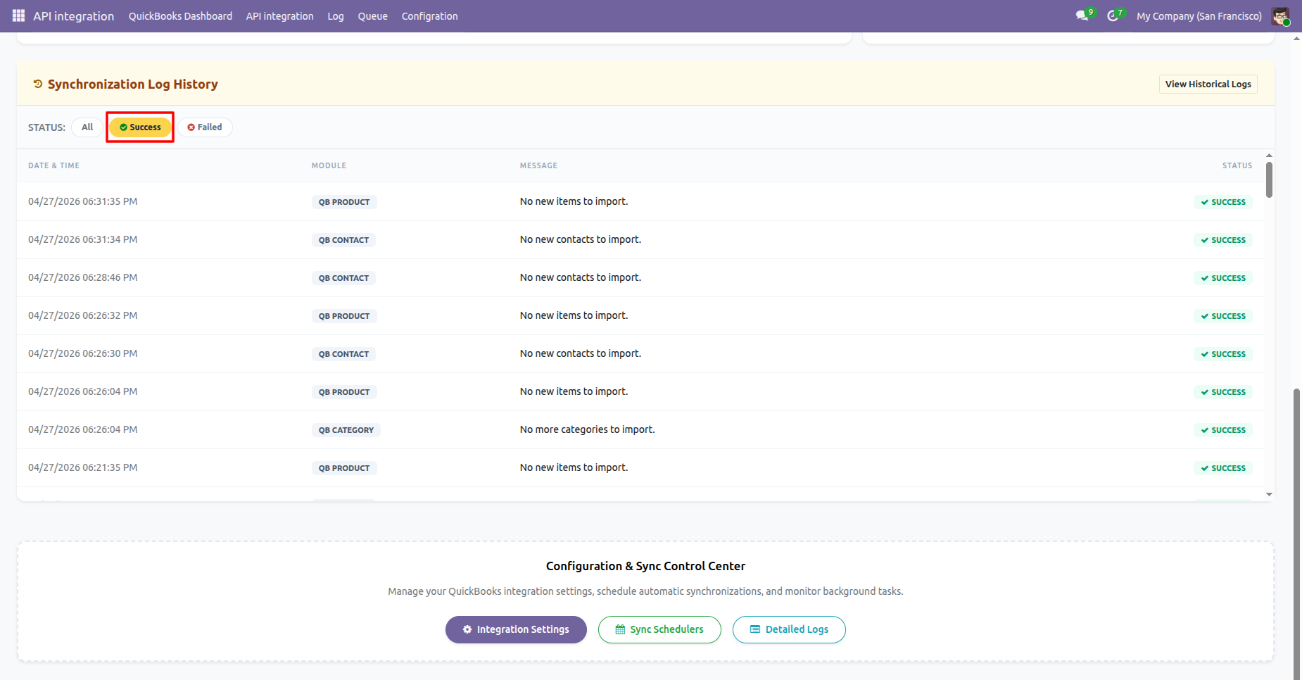 Synchronization log showing successful sync records.