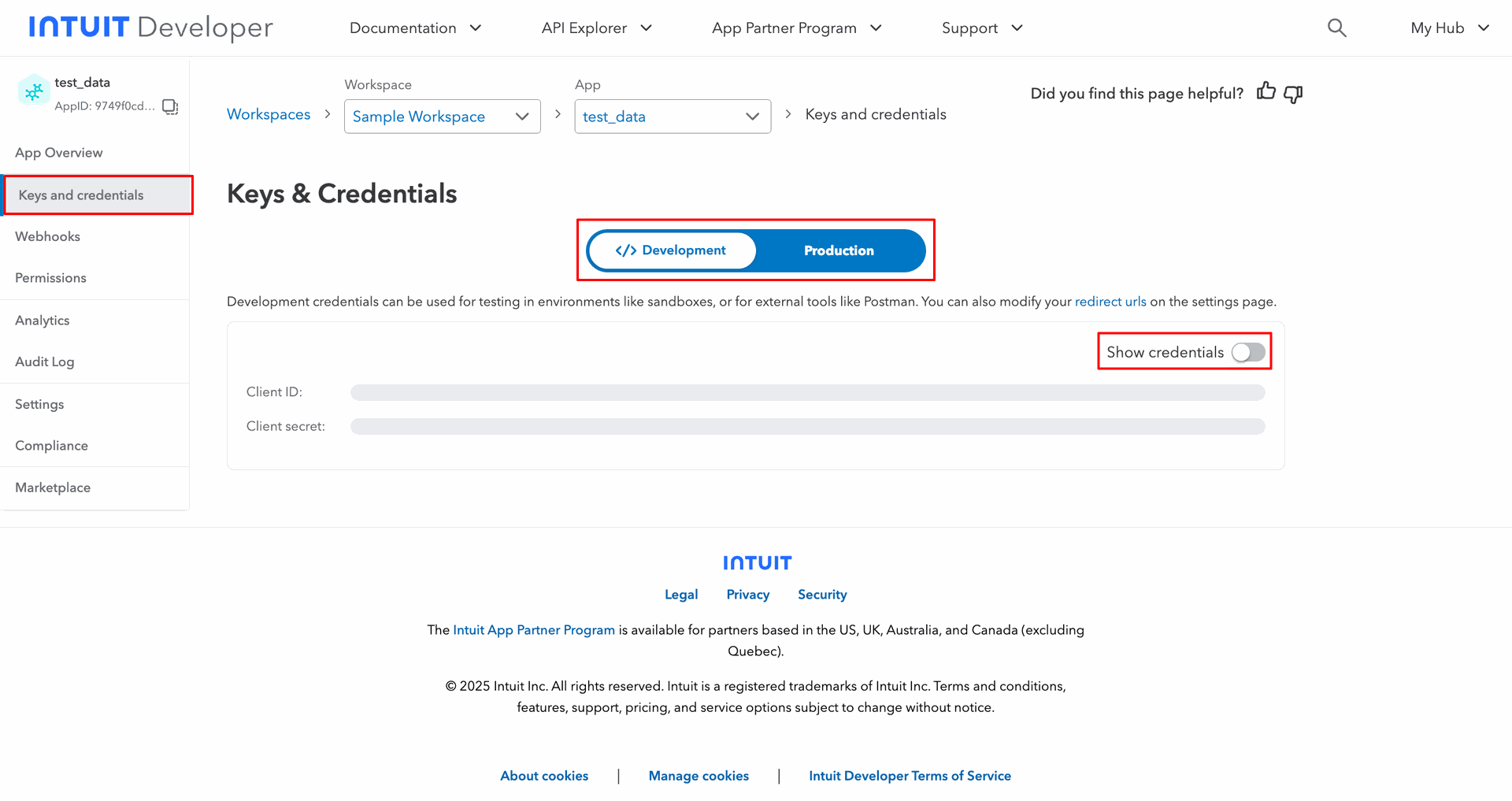 QuickBooks Keys & Credentials page showing credentials.