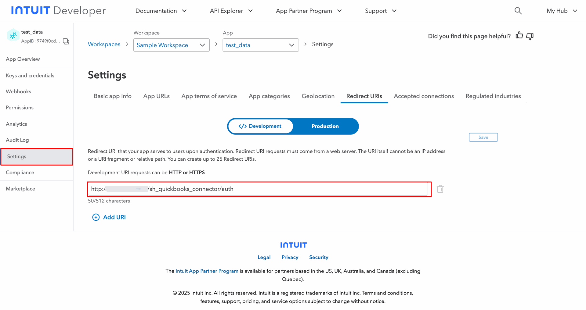 QuickBooks settings page showing the development URL.