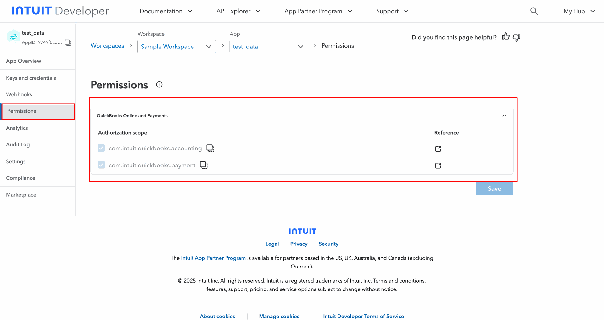 QuickBooks permissions tab showing API access details.