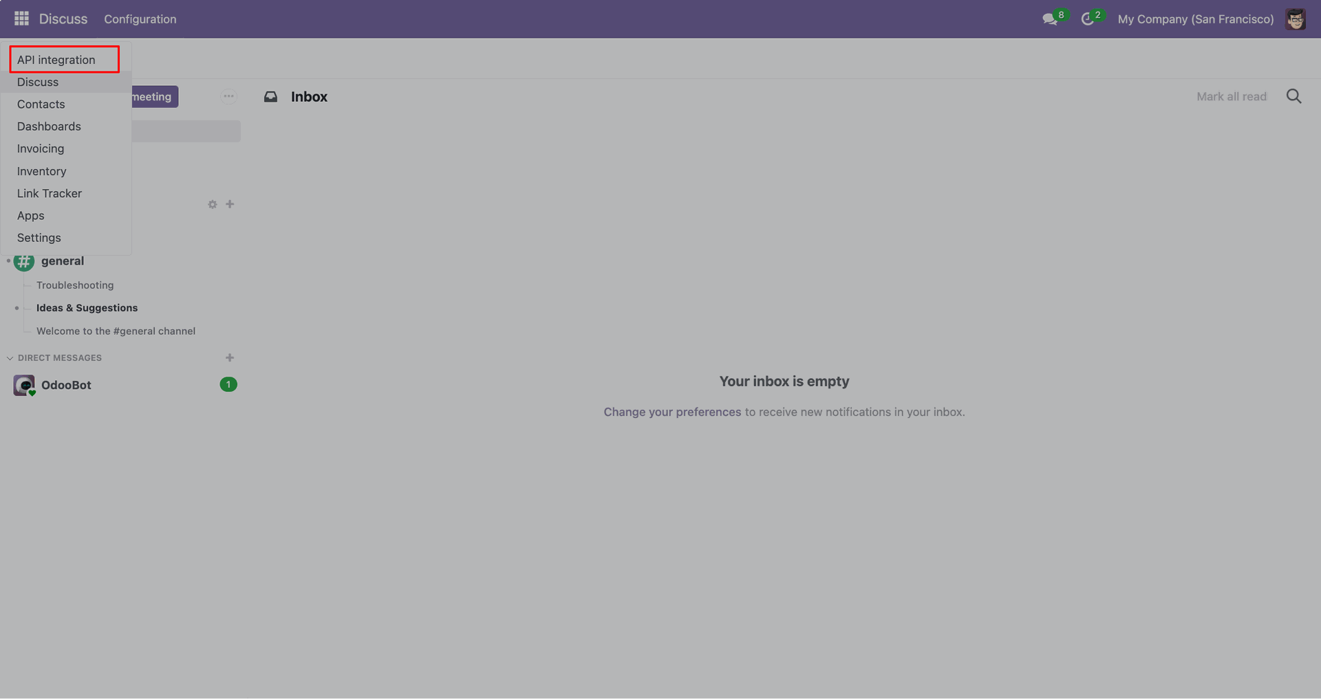 Odoo API Integration section highlighted in the settings menu.