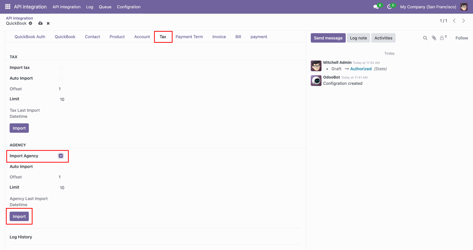 Import Agency option with the Import button selected.