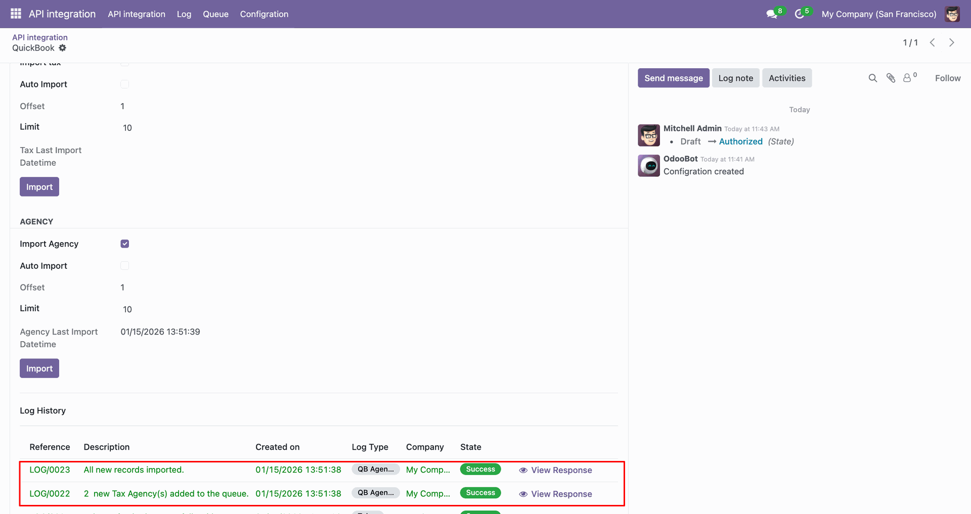 Imported agency data displayed with sync logs.