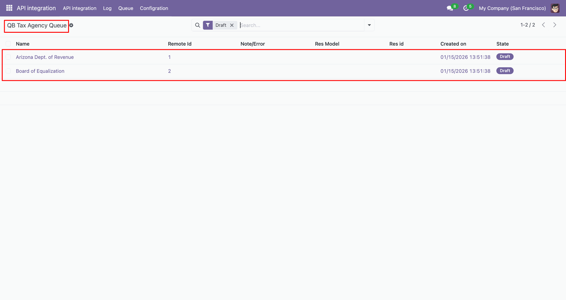 QB Tax Agency queue list showing import records.