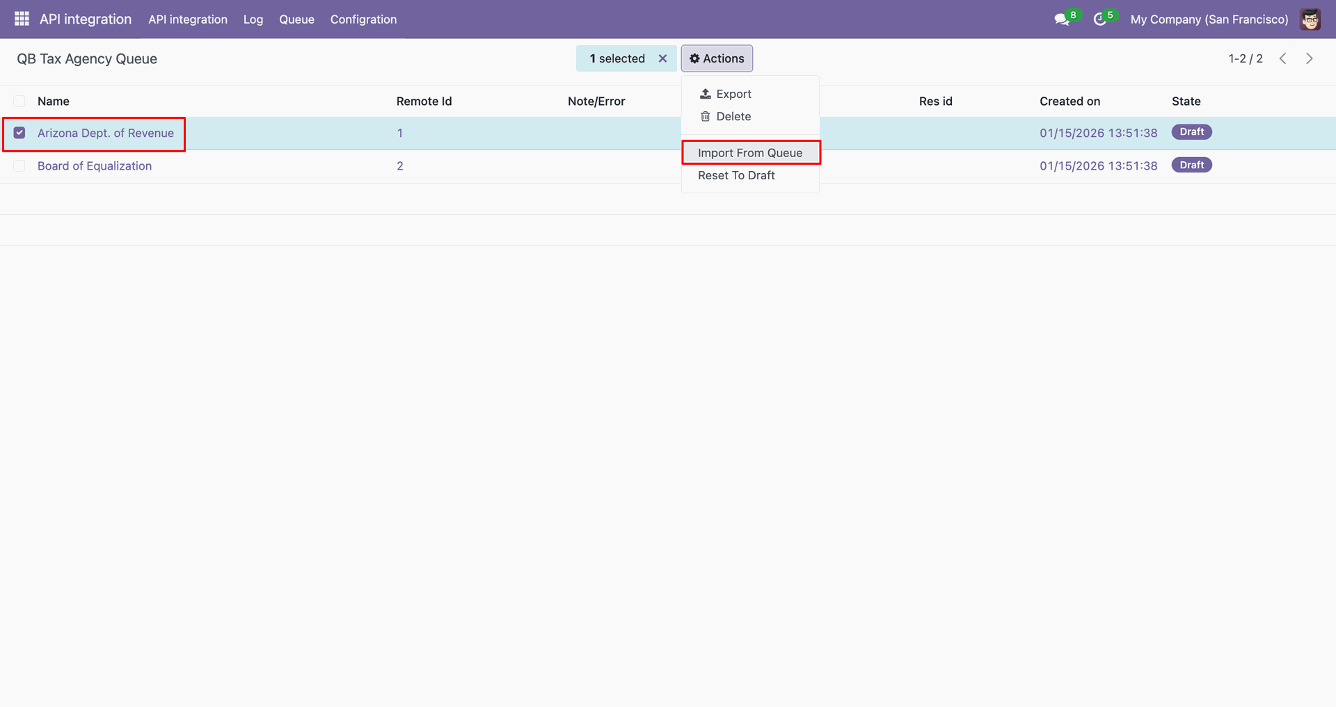 QB Tax Agency queue showing the import action.