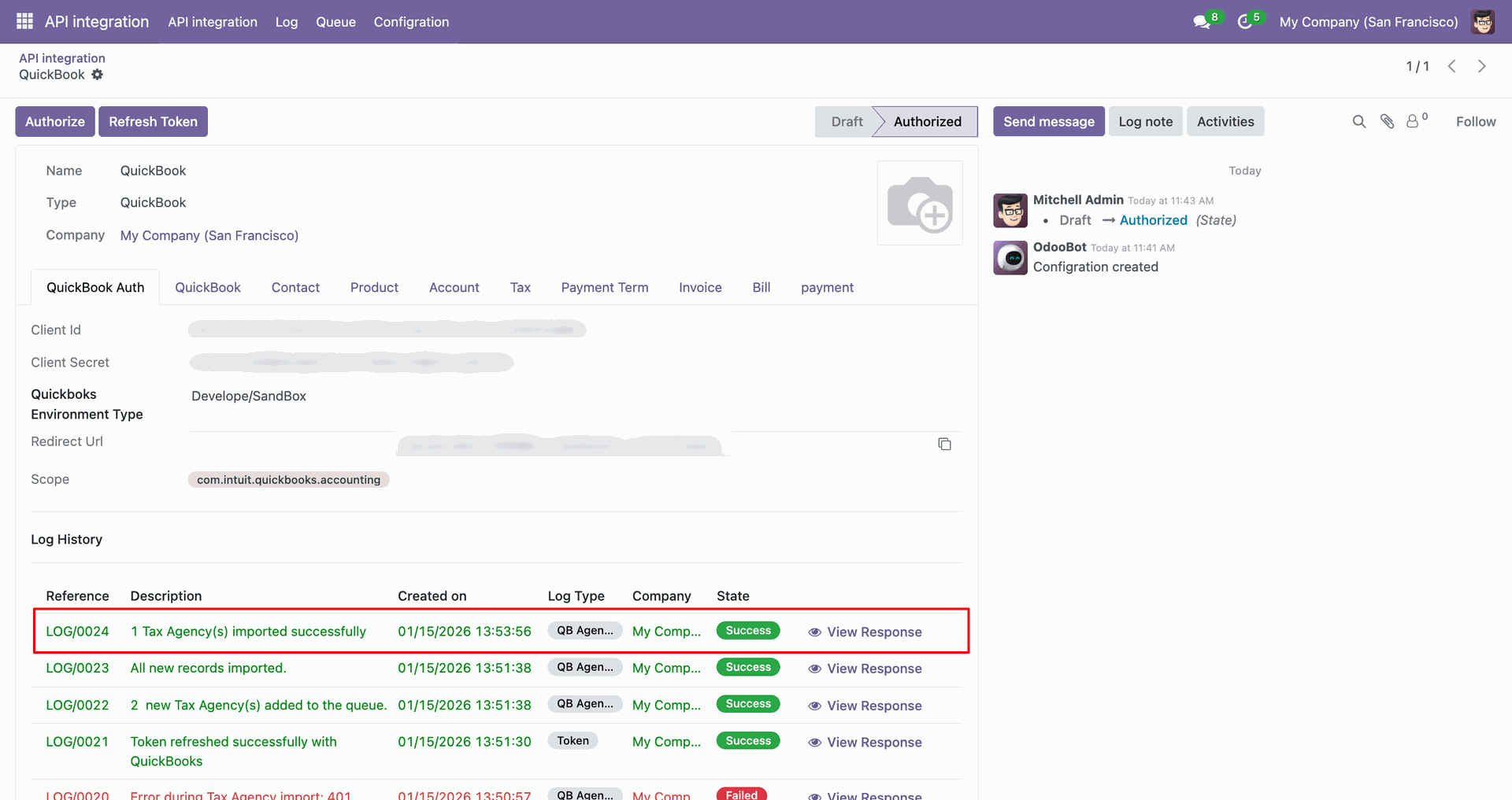 Imported tax agency data with synchronization logs.