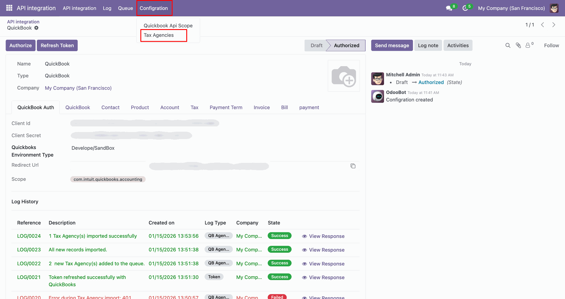 Odoo configuration menu showing Tax Agencies.