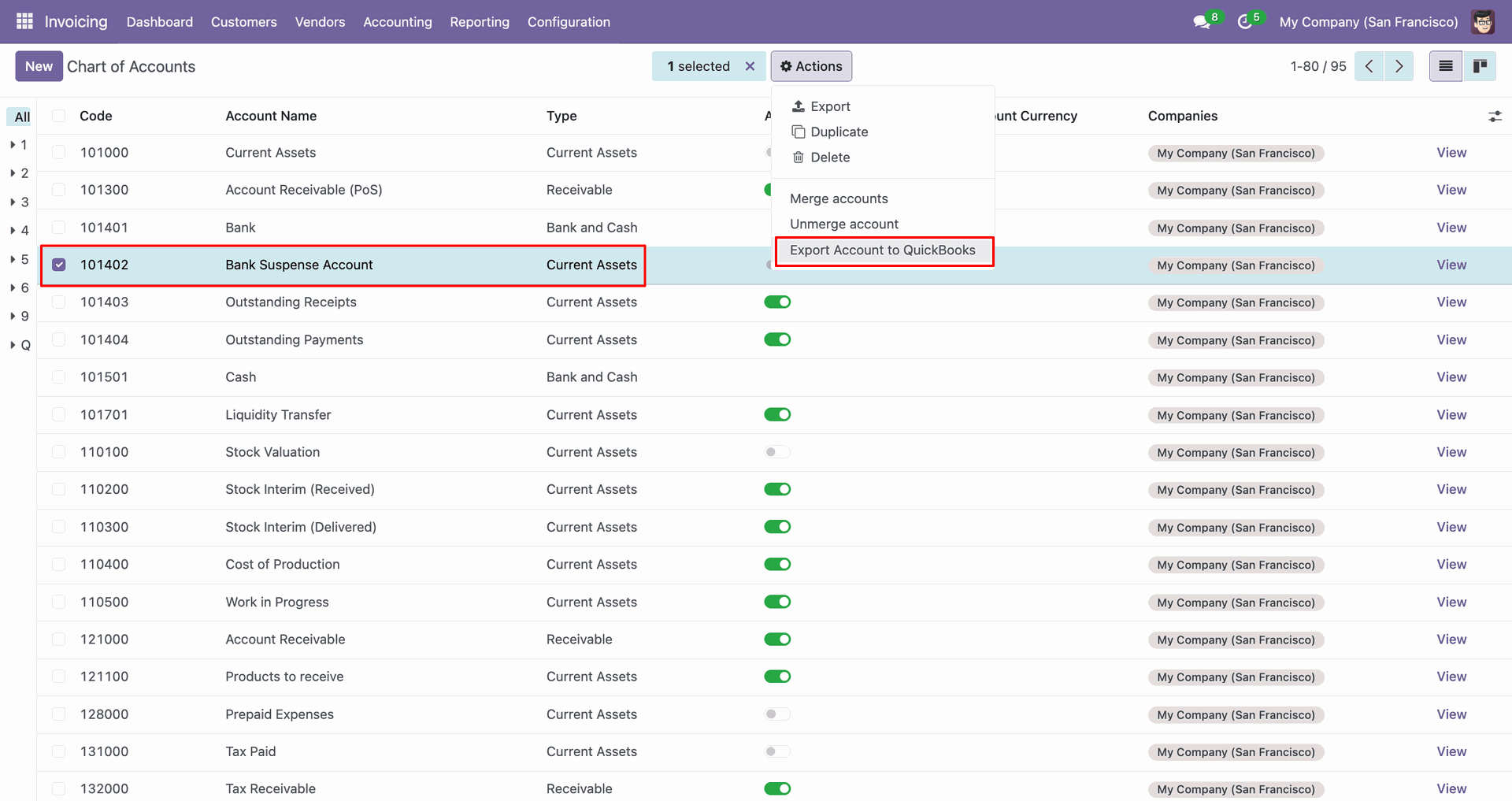 Chart of Accounts list with the export action.