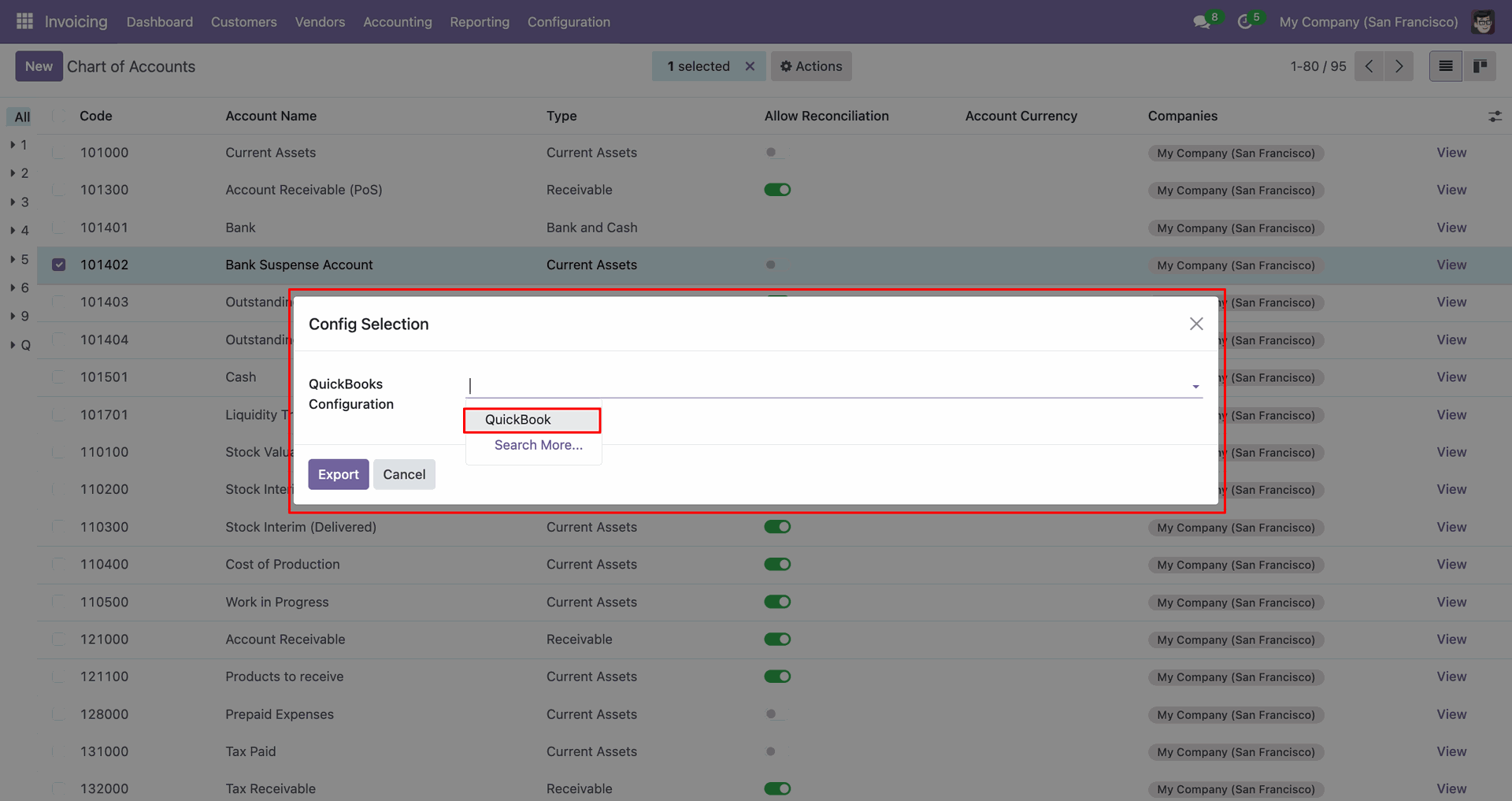 Account export configuration popup.