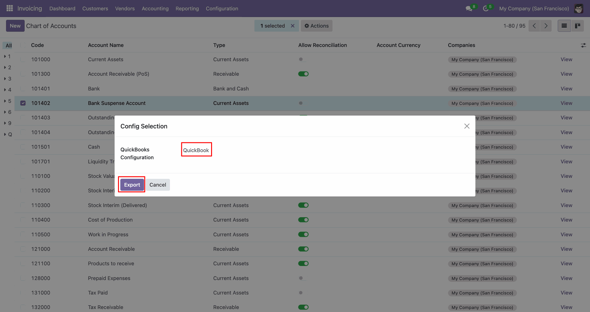 QuickBooks selected for Chart of Accounts export.