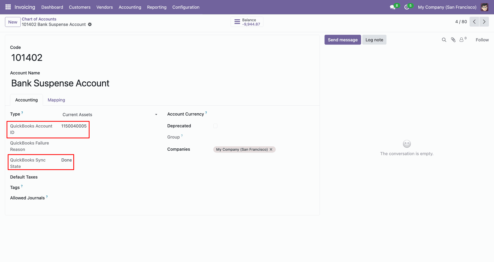 Chart of Accounts showing QuickBooks ID and sync status.