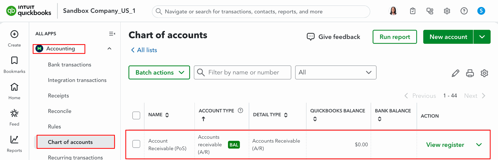 Chart of Accounts displayed in QuickBooks.