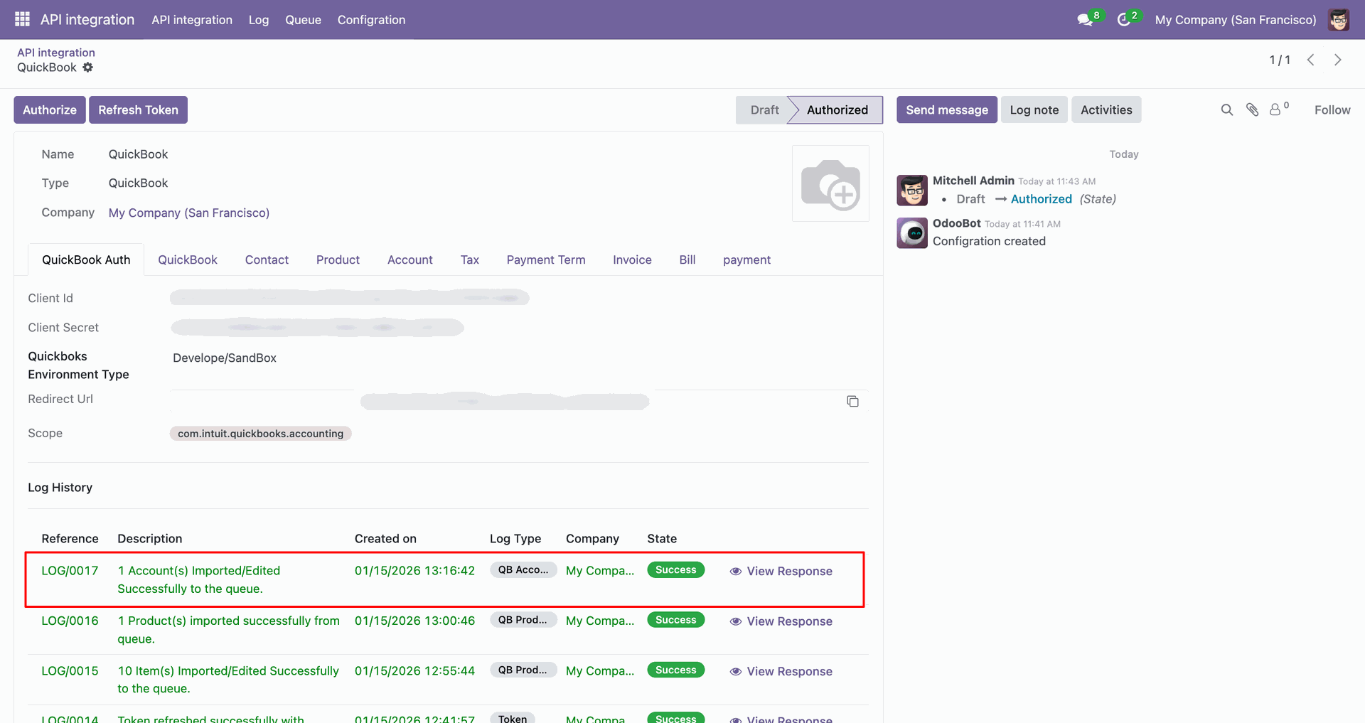 Account import log showing synchronized data.