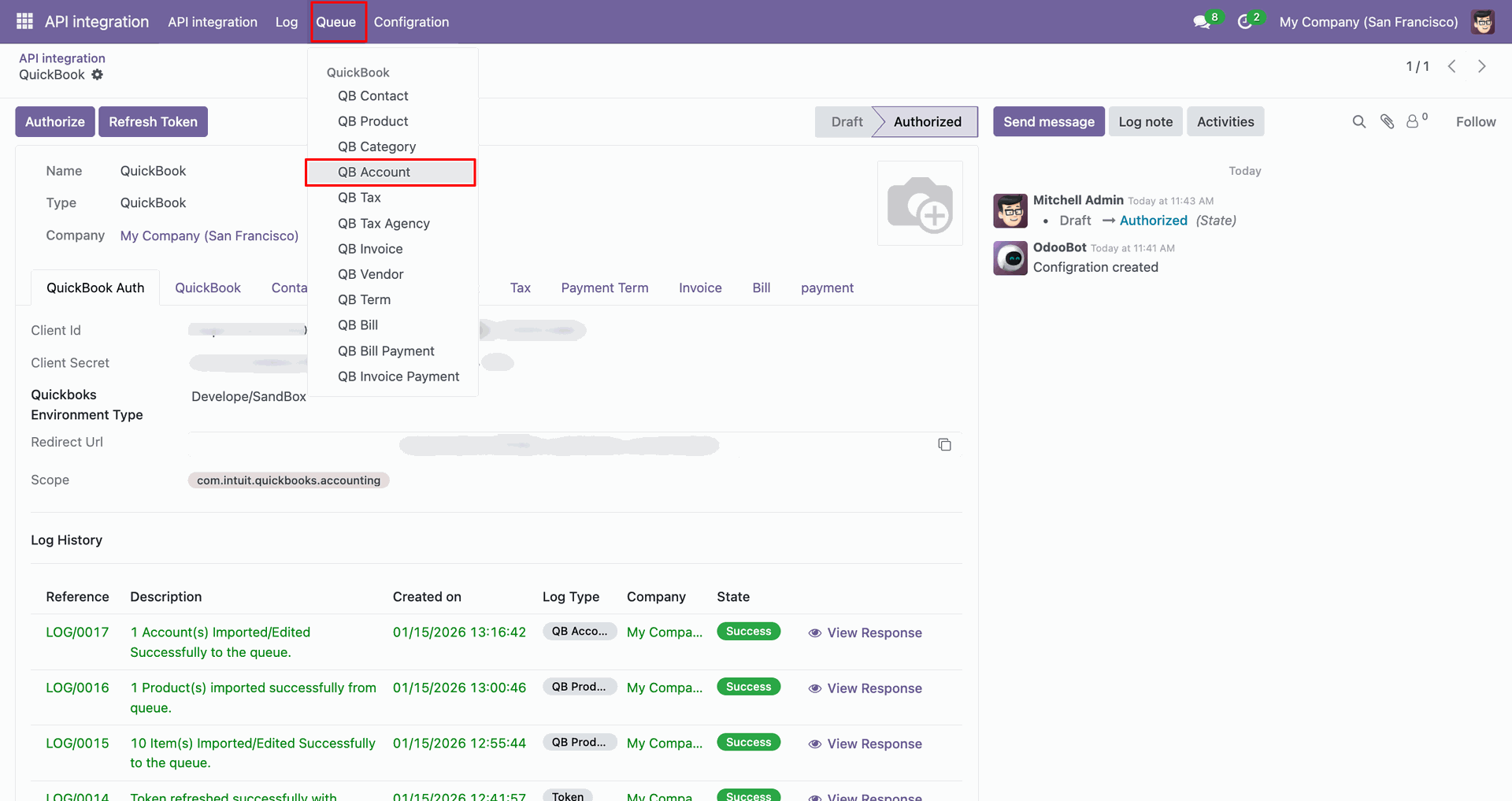 QB Account option selected from the Queue menu.