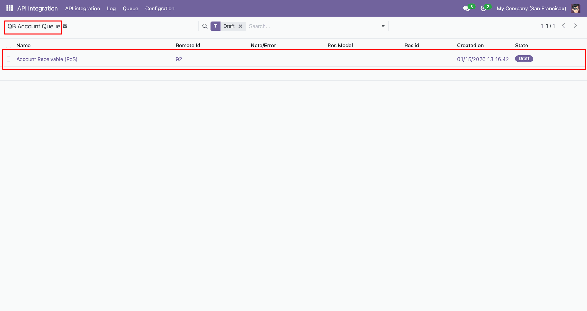 QB Account queue showing imported account records.