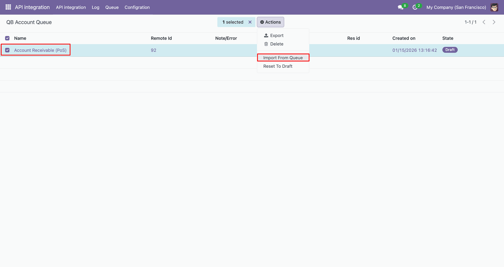 QB Account queue with the Import action selected.