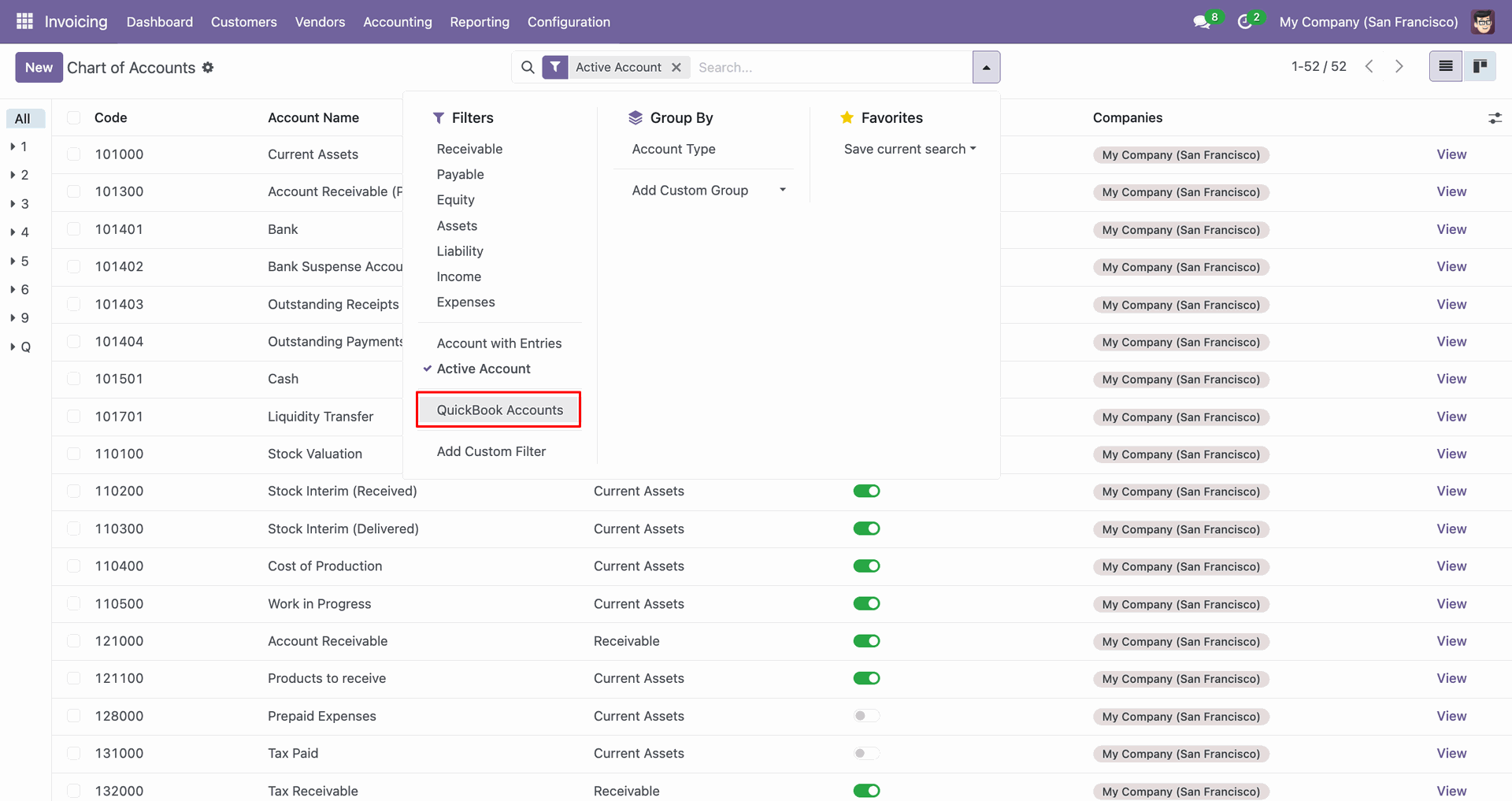 QuickBooks account filter options.