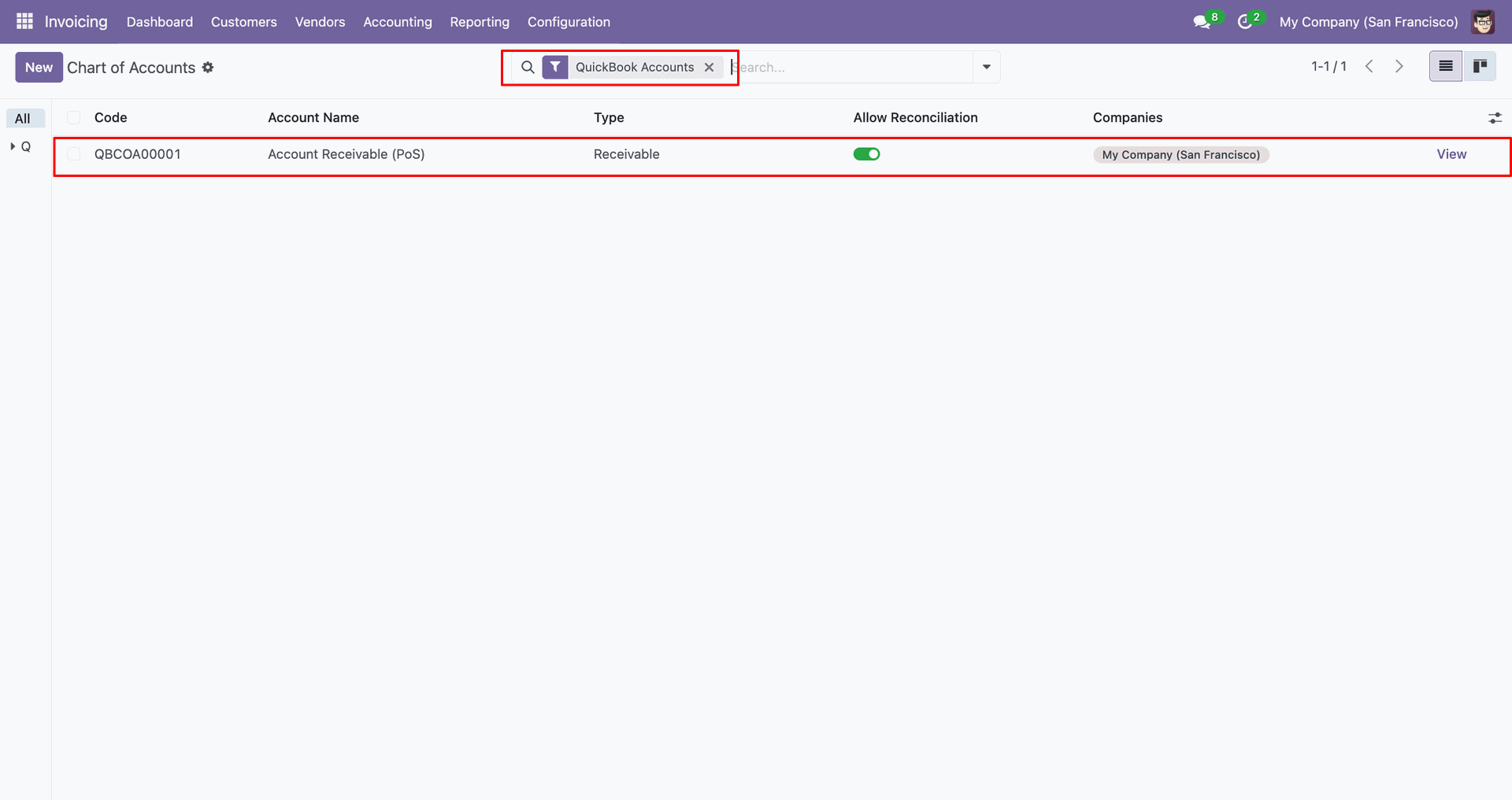 Filtered QuickBooks account results.
