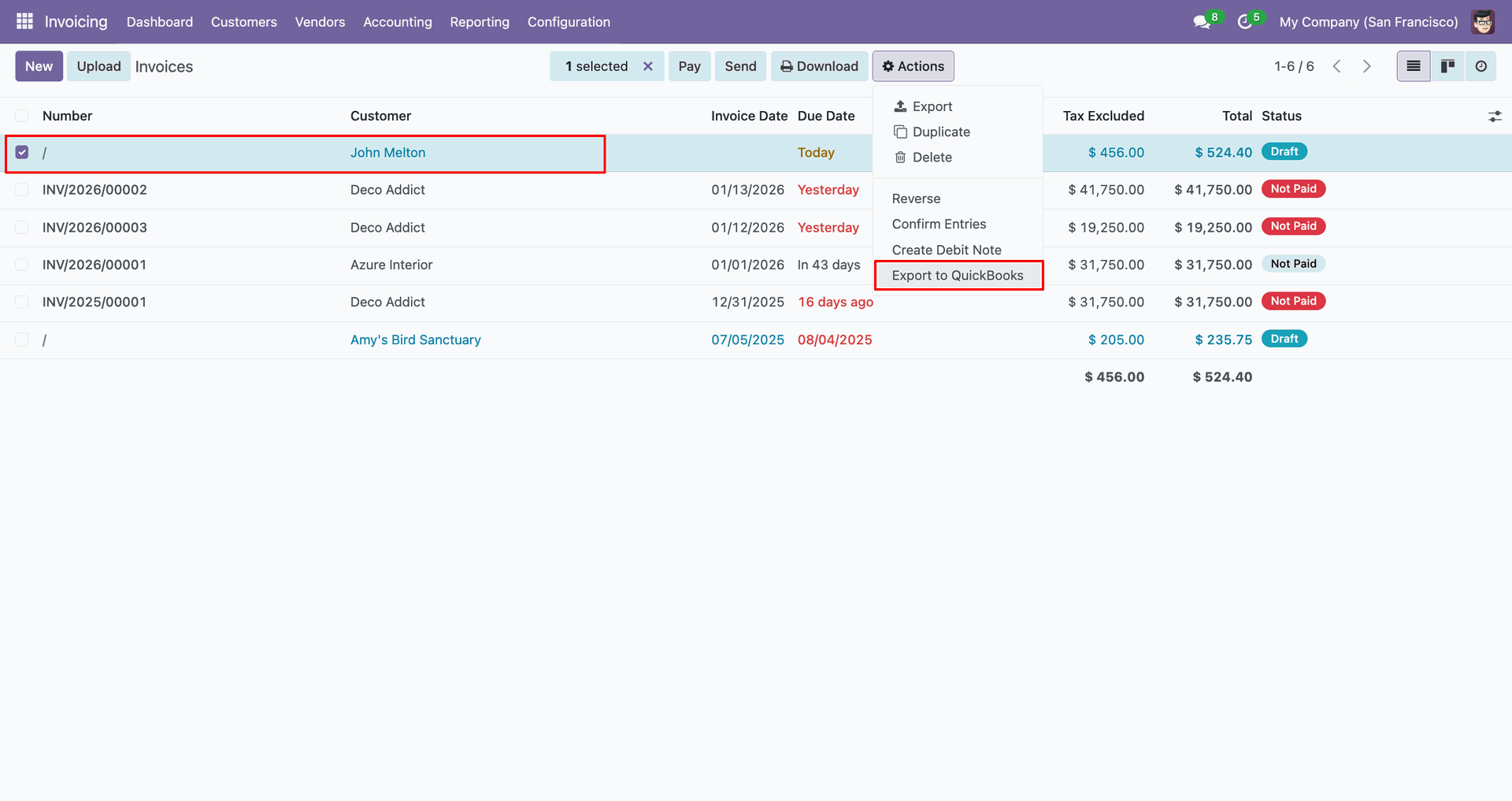Invoice list with the export action selected.